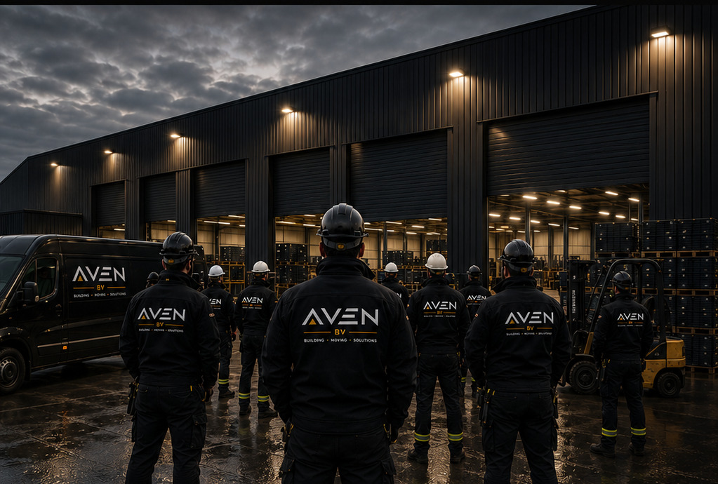 Équipe opérationnelle AVEN devant un dépôt industriel